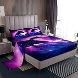 Unicorn Fitted Sheet King Size, Galaxy Sheet Set, Starry Sky Horse Bedding Set for Kids Boys Girls, Modern Fashion Soft Breathable Home Room Decor, 1 Flat & 1 Fitted Sheet With 1 Pillow Sham Purple