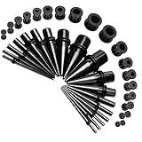 CABBE KALLO 36pcs Ear Stretching Kit 14G-00G Surgical Steel Tapers Tunnels Gauges Set - Rainbow, Blue, Goldtone, Silvertone, Black, Rose Goldtone - Gage Starter Kits for Women Men - Expanders Body Piercing Jewelry - Ear Gauge Stretching Kit with Tapers for Ears, Gages included,Black