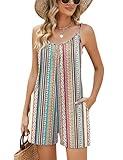 LOMON Jumpsuits for Women Casual Summer Shorts Romper Sleeveless Adjustable Strap Crew Neck Loose Overall with Pockets Color Triple Stripe L