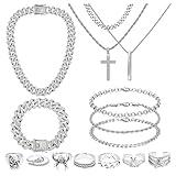 NEWITIN 15 Pieces Silver Jewelry Set for Men Stainless Steel Cuban Link Necklace Bracelet Cross Pendant Necklace Vintage Ring Cuban Jewelry Set for Men Women