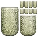 WeirdUncle Set of 8 Vintage Embossed Glassware,4 Highball Glasses 14oz & 4 Rocks Drinking Glasses 9oz, Art Deco, for Wine, Water, Cocktail, Juice, Whiskey, Gift (Green)