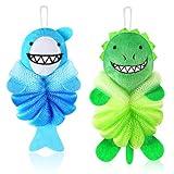 Nuenen 2 Pcs Bath Loofahs Kids Toddler Cute Cartoon Bath Sponges Loofah Pouf Body Scrubber Mesh Sponges for Children Shower Washing Exfoliating