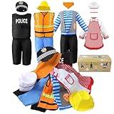 Jeowoqao Boy's Dress Up Costumes Set, Kids Role Play Set 11pcs Dress Up Trunk Pirate, Chef, Construction Worker, Policeman Costume For Kids Girls Toddler Age 3 4 5 6 Christmas Birthday Gift