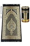 ihvan online Muslim Prayer Rug and Prayer Beads with Elegant Design Cylinder Gift Box, Janamaz, Sajadah, Soft Islamic Gifts Set, Carpet Mat, Taffeta Fabric, Black