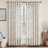 jinchan Linen Floral Curtains for Living Room 84 Inch Length Blue Printed Curtains Back Tab French Country Farmhouse Flower Patterned Drapes Bedroom Window Curtain Set 2 Panels
