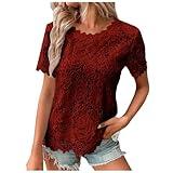 JEUROT Women's Short Sleeve T Shirts Lace Embroidered Plus Size Tops Summer Elegant Work Blouses Round Neck Loose Fit Tshirt Business Casual Outfits Beach Vacation Clothes (Red, XXXXL)