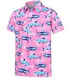 Cuddomper Boys Polo Shirt Size 13-14 Short Sleeve Hawaiian Pink Golf Clothes Shark Performance Dry Fit Tops for Active Casual