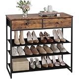 Shoe Rack, 4 Tier Shoe Storage Organizer with 2 Drawers, 12-16 Pairs of Shoes, Metal Shoe Storage Shelf with 3 Oxford Fabric Shelves and Wooden Top, Shoe Stand for Closet Entryway, Rustic Brown