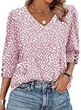 XIEERDUO Blouses for Women Dressy Casual Summer Outfits 3/4 Length Sleeve Womens Tops V Neck Fall Fashion Clothing Beach Vacation Clothes F-Pink Leopard L