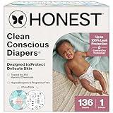 The Honest Company Clean Conscious Diapers for Delicate Skin | Up to 100% Leakproof | Hypoallergenic, Fragrance Free | Gender Neutral | Super Club Box, Size 1 (8-14 lbs), 136 Count (Prints May Vary)