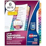 Avery 15 Tab Dividers for 3 Ring Binders, Customizable Table of Contents, Multicolor Tabs, 6 Sets (11197)