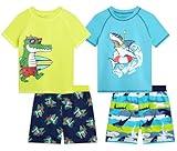 Quad Seven Toddler Baby Boys Swim Set - 4 Piece Swim Trunks and Short Sleeve Rash Guard for Boys Kids Swimwear (Sizes: 12M-7), Size 7, Blue Shark/Yellow Dino