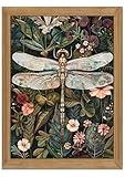 Framed Vintage 3D Textured Wall Art - Dark Green Dragonfly Flowers Wall Decor - Hand Drawn Sandstone Nature Botanical Pictures for Living Room Bedroom Home Decor 12x16in