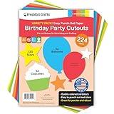 224 Pieces Birthday Party Cutouts in Bright Colors for Crafts and Decorations, Balloons, Cupcakes and Stars for Classroom Projects, Bulletin Boards, DIY Cards, Double Sided USA Made Cardstock