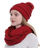 Double Couple Womens Scarf Beanie Hat with Faux Fur Ball Set Thick Winter Cable Knitted Circle Loop Infinity Scarfs for Women (Burgundy Pom Pom Set)