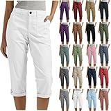 Capris for Seniors Capri Pants for Women Casual Summer Spring Stretch Straight Leg Cargo Capris with Pockets Rolled Hem Cropped Trouser White XL