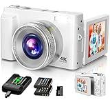 4K Digital Camera for Photography Autofocus, 2024 Latest 48MP Vlogging Camera for YouTube with SD Card, 2 Batteries, 3" 180°Flip Screen Compact Travel Camera for Teens with 16X Zoom (Off White)
