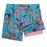 maamgic Mens Swim Trunks 7" Swim Shorts with Compression Liner Quick Dry Swimming Trunks Plaid Grain Bathing Suit Dinosaur Blue-Green Large