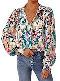 PRETTYGARDEN Women's Floral Blouses Dressy Casual V Neck Button Down Shirts Lantern Long Sleeve Boho Chiffon Fall Tops 2025(Floral Blue Green,S)