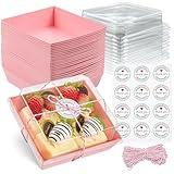 Leafiew 50 Pack Small Clear Treat Boxes - Dessert Boxes To Go - 5Inch Disposable Paper Mini Containers for Cookie, Cake Slice, Charcuterie, Bakery, Pastry, Strawberry, Baked Goods Packaging (Pink)