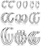 Adoyi Silver Hoop Earrings Set for Women Girls Gold Twisted Huggie Hoops Earrings 14K White Gold Plated Earrings for Women Lightweight 9 Pairs jewelry for women Girl Gift