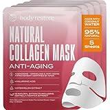 Body Restore Natural Collagen Face Mask 5 Pack – Korean Skin Care Sheet Mask with Fermented Coconut Water – Birthday Gifts for Women & Men, Support Deep Moisture, Dry Skin, Clean Beauty - Anti-Aging