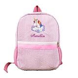 MT WORLD Kids Backpack Personalized Toddler Backpack with Embroidery Pattern & Name Custom Seersucker Girls Bookbags for Age 2-4 Preschool Kindergarten Back to School Gifts (Pink)