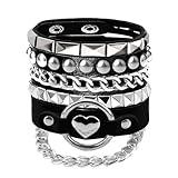 80s 90s Womens Faux Leather Bracelets with Heart/Pyramid/Chain,3Pcs Emo Punk Wrap Wrist Cuffs Jewelry Accessories Gothic Gift