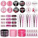 Whaline 84Pcs Breast Cancer Awareness Gifts Set Include Pink Ribbon Lanyard Pins Silicone Bracelets Tattoo Stickers Buttons Badges for Breast Cancer Charity Event Survivor Campaign Party Supplies