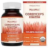 Organic Cordyceps Mushroom Extract - 70% Beta Glucans - Highest Active Nutrient Levels, Max Potency Cordyceps Capsules, US Grown + Ultrasonic Extraction - Performance, Immunity & Energy - 60 Capsules