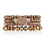 RIAH FASHION Bohemian Versatile Multi-Layer Bead Statement Bracelet - Stretch Strand Stackable Cuff Bangle Set Sparkly Crystal, Acrylic Druzy, Pave Fireball (Hexagon Acrylic Druzy - Champagne)