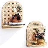 Rattan Shelf Set of 2, 7''Natural Rattan Shelf with Wicker Decor, Boho Wall Decor Small Floating Shelf for Plant Figurines Display, Mini Shelves for Knick Knack Storage