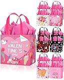 Liobelon 12 Packs Valentines Gift Bags with Tissue Paper Valentines Party Bags with Handles Large Reusable Valentines Tote Bags, Non-Woven Valentines Day Bags for Grocery Shopping Totes