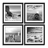 ENGLANT-4 Panels Set Framed Canvas Print for Seascape Beach and Boat Sunrise Scenery Black and White Giclee Canvas Print Wall Art Ready to Hang