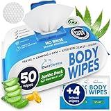 XL Body Wipes for Adults Bathing No Rinse - 50 Ct. + 4 Travel Shower Wipes - 9"x12" Thick Cleansing Bath Wash Sheets for Elderly Incontinence, Men & Women - Camping Essentials Disposable Washcloths