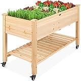 Best Choice Products Raised Garden Bed 48x24x32-inch Mobile Elevated Wood Planter w/Lockable Wheels, Storage Shelf, Protective Liner - Natural