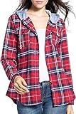 BOMDEALS Women's Classic Plaid Cotton Hoodie Button-up Check Shirts (S,Red)