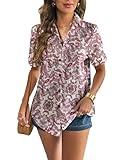 Zeagoo Oversized Button Downs for Women Cotton Linen Roll-Sleeve Blouses V Neck Beach Boyfriend Shirt Folksy Paisley Pink