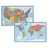 Laminated World Map & US Map Poster Set - 18" x 29" - Wall Chart Maps of the World & United States - Made in the USA - (LAMINATED, 18" x 29")