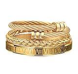 WFYOU 3PCS Stainless Steel Bracelets for Men Gold Roman Numeral Bangle Twisted Cable Adjustable Cuff Bracelet Mens Luxury Jewelry Gifts