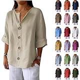 Linen Tops for Women Summer V Neck 3/4 Length Sleeve Womens Tops with Button Roll-Up Sleeve Casual Loose Fit Blouses