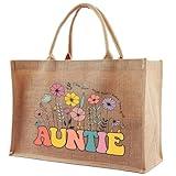 Qlvexkah Great Aunt Birthday Gifts from Niece Nephew, Large Beach Jute Burlap Auntie Tote Bag, Personalized Cool Reusable Shopping Bags for Women, Utility Mothers Day Christmas New Year Presents
