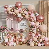 Rose Gold Balloon Garland Kit, Nude Pastel Pink Metallic Gold Matte White Balloons Gold and Rose Gold Confetti Balloons for Wedding Bridal Shower Princess Party Girl Birthday Baby Shower Decorations