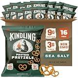 Kindling Protein Pretzels - Sea Salt | Protein-Packed Snack Size Bags | Kosher | 8-9g Protein Per Serving | Only 1-2g of Total Sugar | No Artificial Flavors, Soy-Free | Lunches, Office Snacks, & On-the-Go | 16-Count (1.06oz Bags)