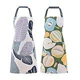 ARBINSON 2 Pack Floral Apron for Women with Pockets, Adjustable Cotton Chef Aprons for Kitchen, Cooking, BBQ & Grill (Teal/Fruits)
