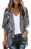 Womens Floral Kimono Cardigans Loose Puff Sleeve Casual Beach Coverups Tops (Black Brief Flowers,L)