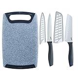 Glad Knife Set with Cutting Board, 5 Pieces | Sharp Santoku and Utility Knives with Blade Covers and Plastic Chopping Block | Kitchen Cooking Accessories,Gray
