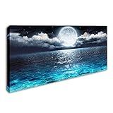 DVQ ART Sea Canvas Wall Art Blue Clear Ocean Seascape Giclee Artwork Full Moon in Cloud Landscape Framed Picture Canvas Prints for Living Room Decor - 24x48 Inch