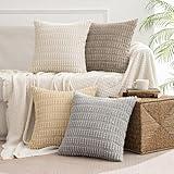 MIULEE Pack of 4 Neutral Decorative Throw Pillow Covers 18x18 Inch for Couch Sofa Living Room Bed Rustic Farmhouse Boho Corduroy Soft Striped Pillow Covers Home Decor
