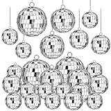 CLUEWR 20 Pack Disco Ball Decorations, Silver Mini Hanging Mirror Ball Ornaments with Rope for 70s Disco Themed Birthday Party Supplies, 4 Sizes
